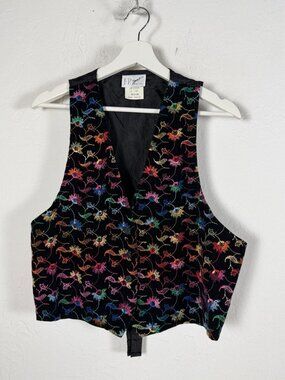 VTG FR Sport Petites Vest Womens Medium Black Velvet Rainbow Floral Embroidered